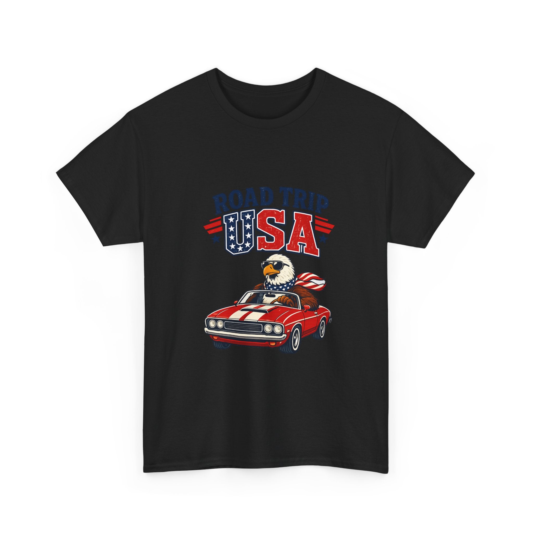 Road Trip USA T-Shirt — Patriotic Eagle Driving Classic Car Graphic Tee