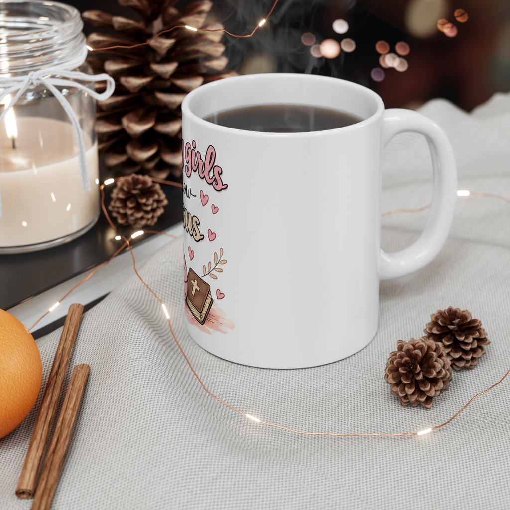 Pretty Girls Follow Jesus Mug — Cute Faith Coffee Cup with Bible & Hearts (11oz)