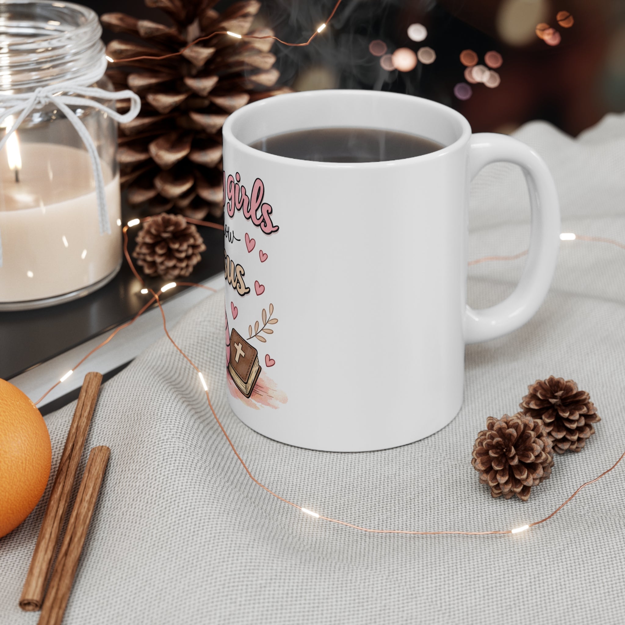 Pretty Girls Follow Jesus Mug — Cute Faith Coffee Cup with Bible & Hearts (11oz)