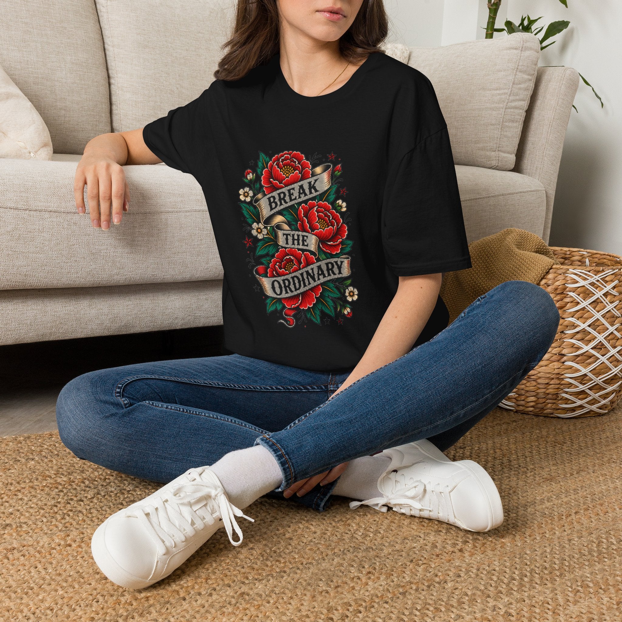 Break the Ordinary T-Shirt — Vintage Rose Banner Graphic