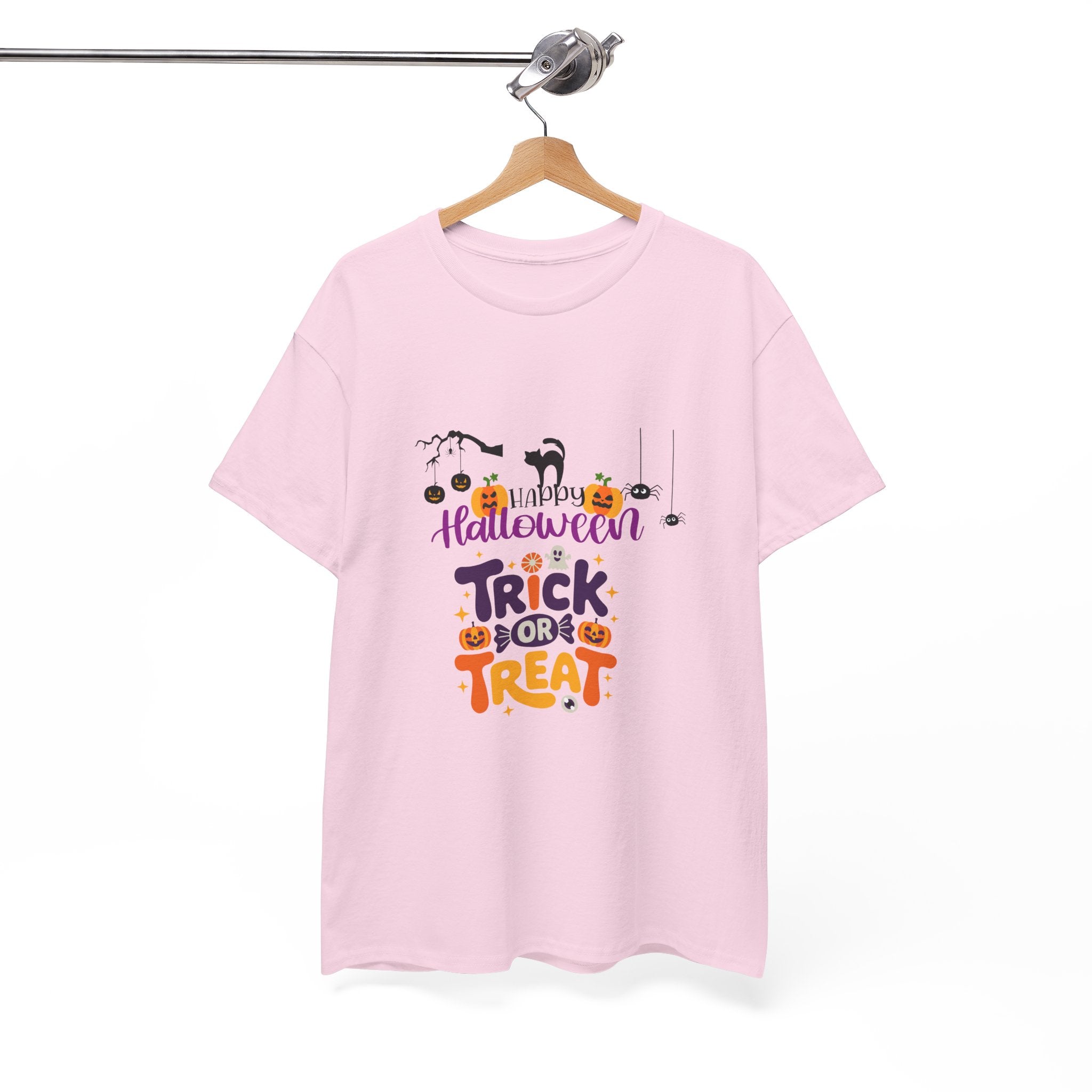 Halloween "Trick or Treat" T-Shirt — Cute Pumpkin, Cat & Spider Graphic Tee