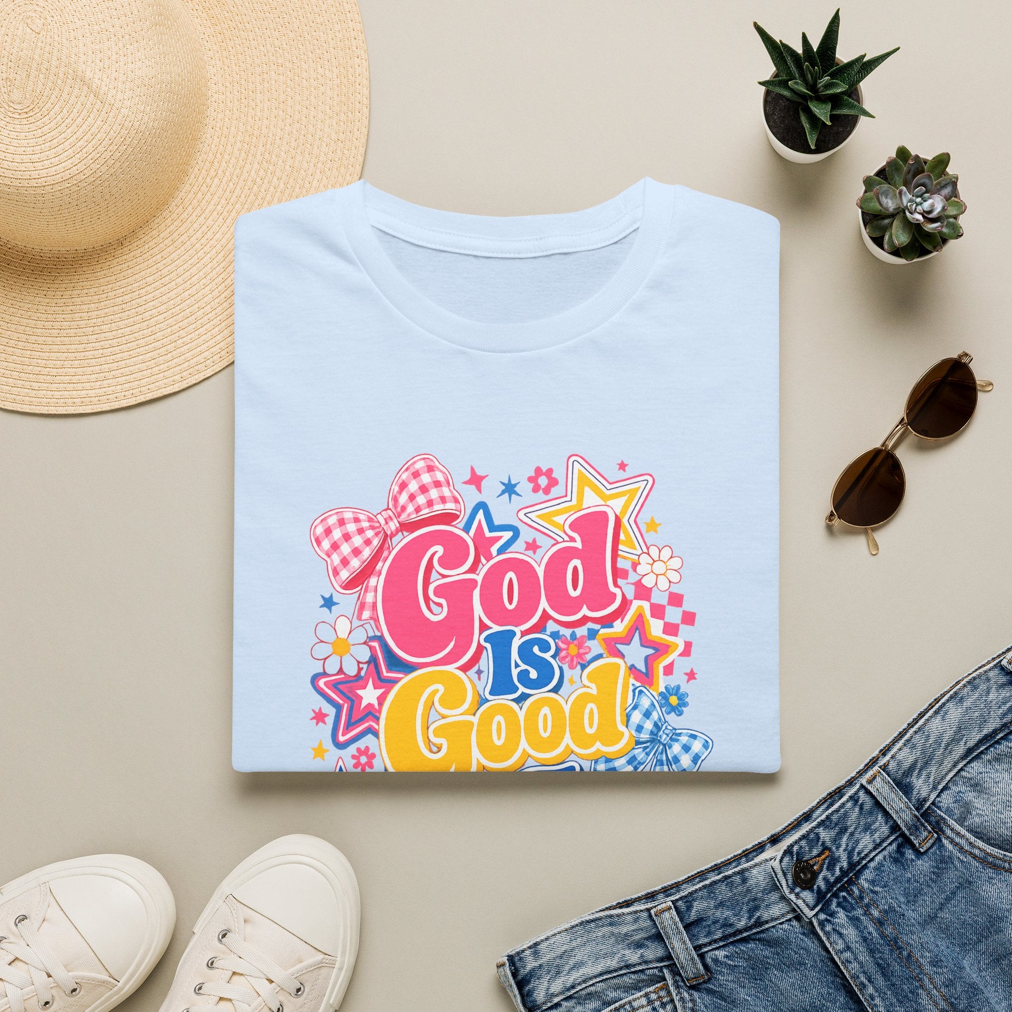 Inspirational vibes God Is Good T‑Shirt — Colorful Retro Faith Graphic Tee