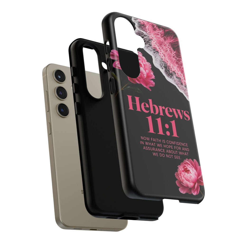 Bible Verses phone case -  Hebrews 11:1 Faith Phone Case — Pink Floral Scripture iPhone Cover