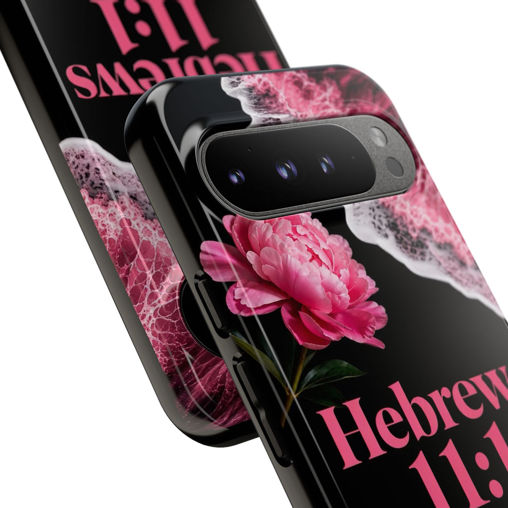 Bible Verses phone case -  Hebrews 11:1 Faith Phone Case — Pink Floral Scripture iPhone Cover