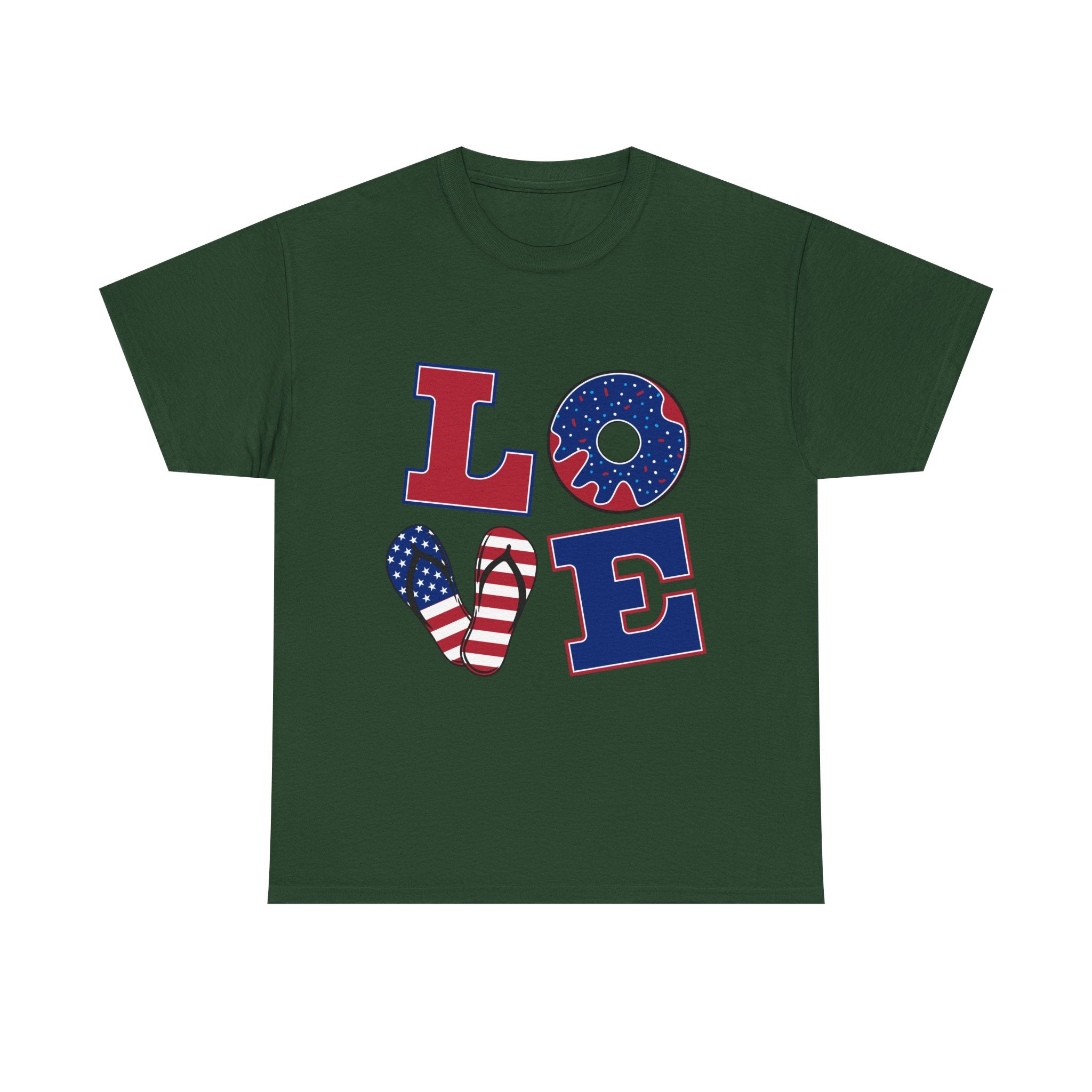 Patriotic LOVE T-Shirt — American Flag Donut & Flip-Flop Fourth of July Tee