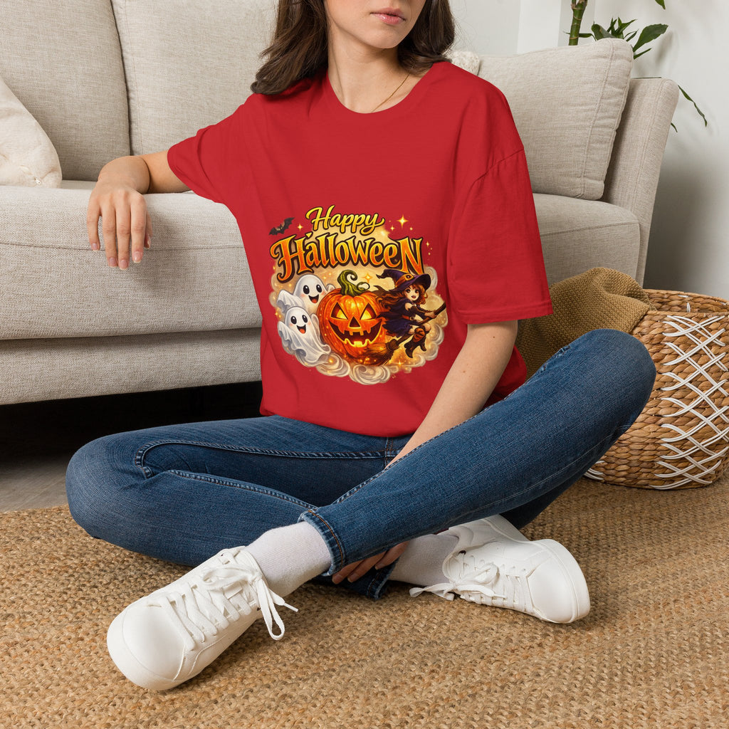 Halloween Witch and Ghost designs T-Shirt — "Happy Halloween" Pumpkin & Ghost Graphic