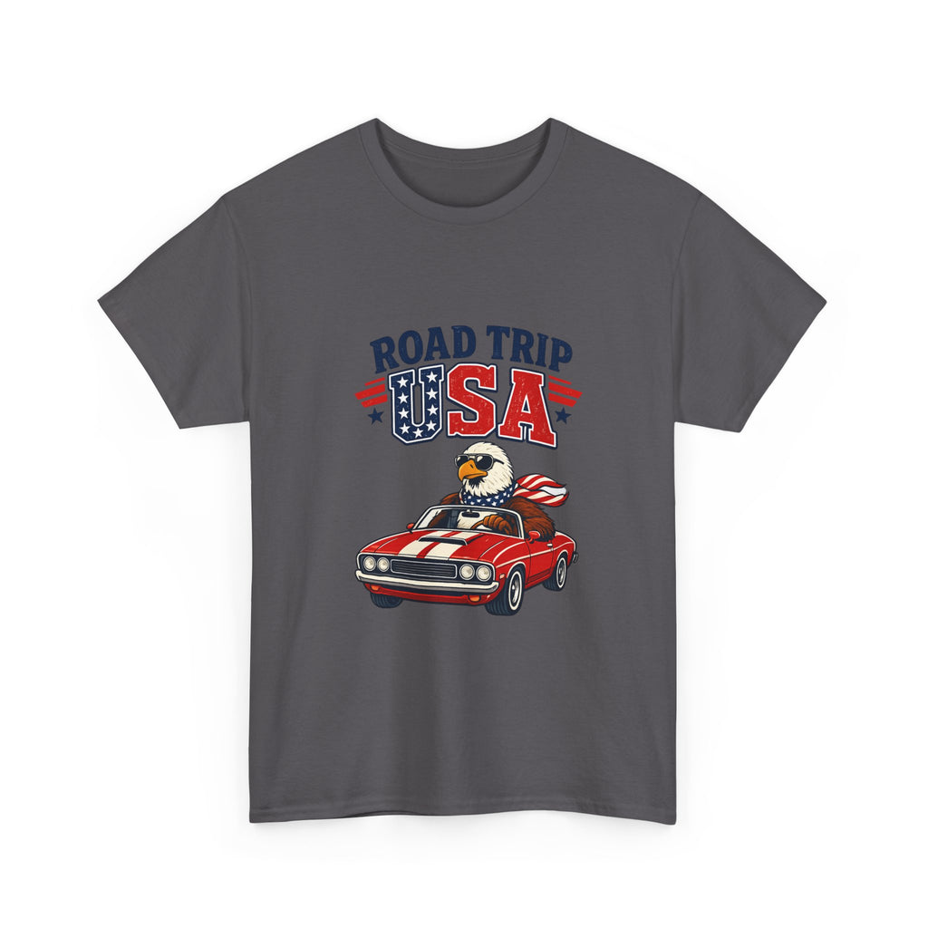 Road Trip USA T-Shirt — Patriotic Eagle Driving Classic Car Graphic Tee