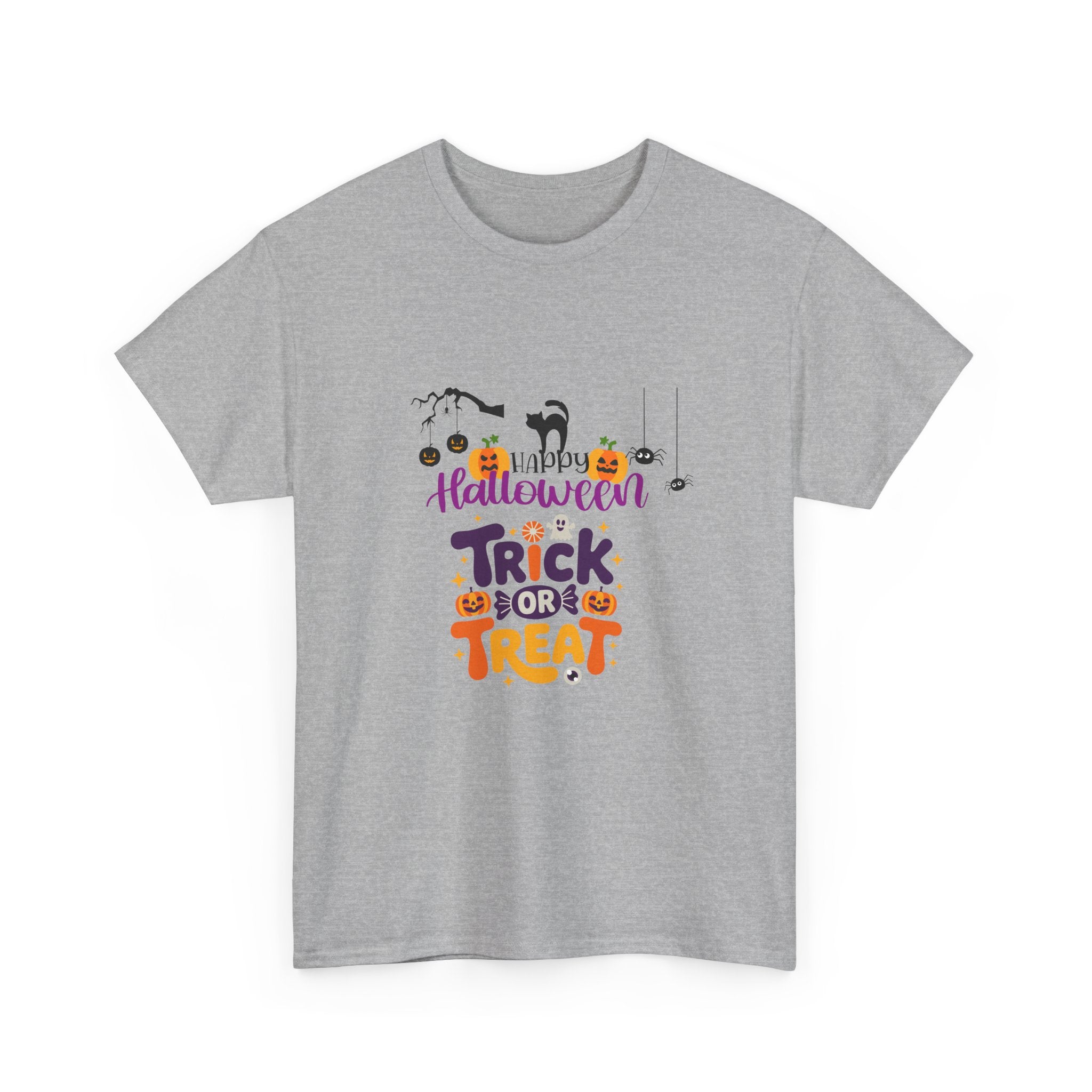 Halloween "Trick or Treat" T-Shirt — Cute Pumpkin, Cat & Spider Graphic Tee
