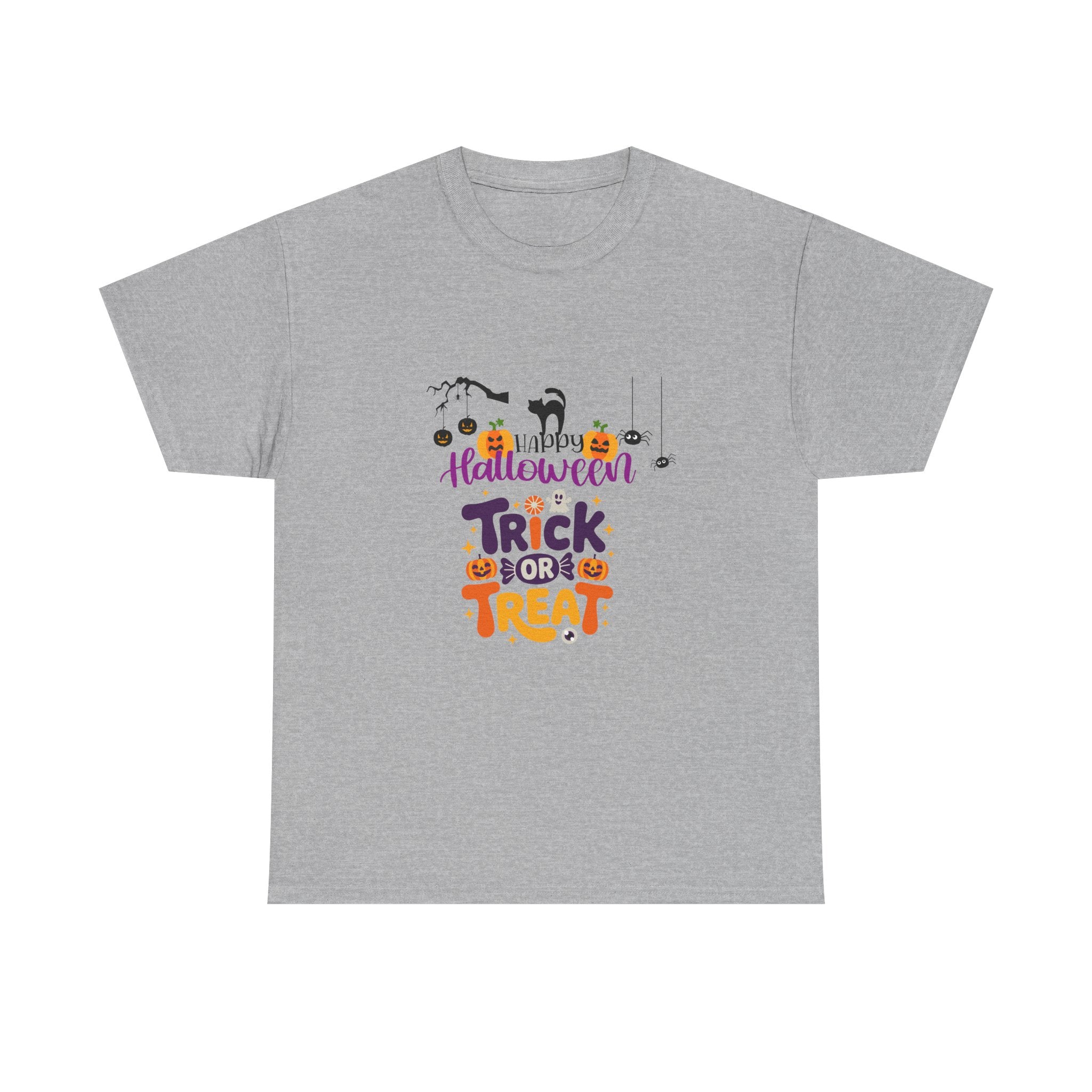 Halloween "Trick or Treat" T-Shirt — Cute Pumpkin, Cat & Spider Graphic Tee