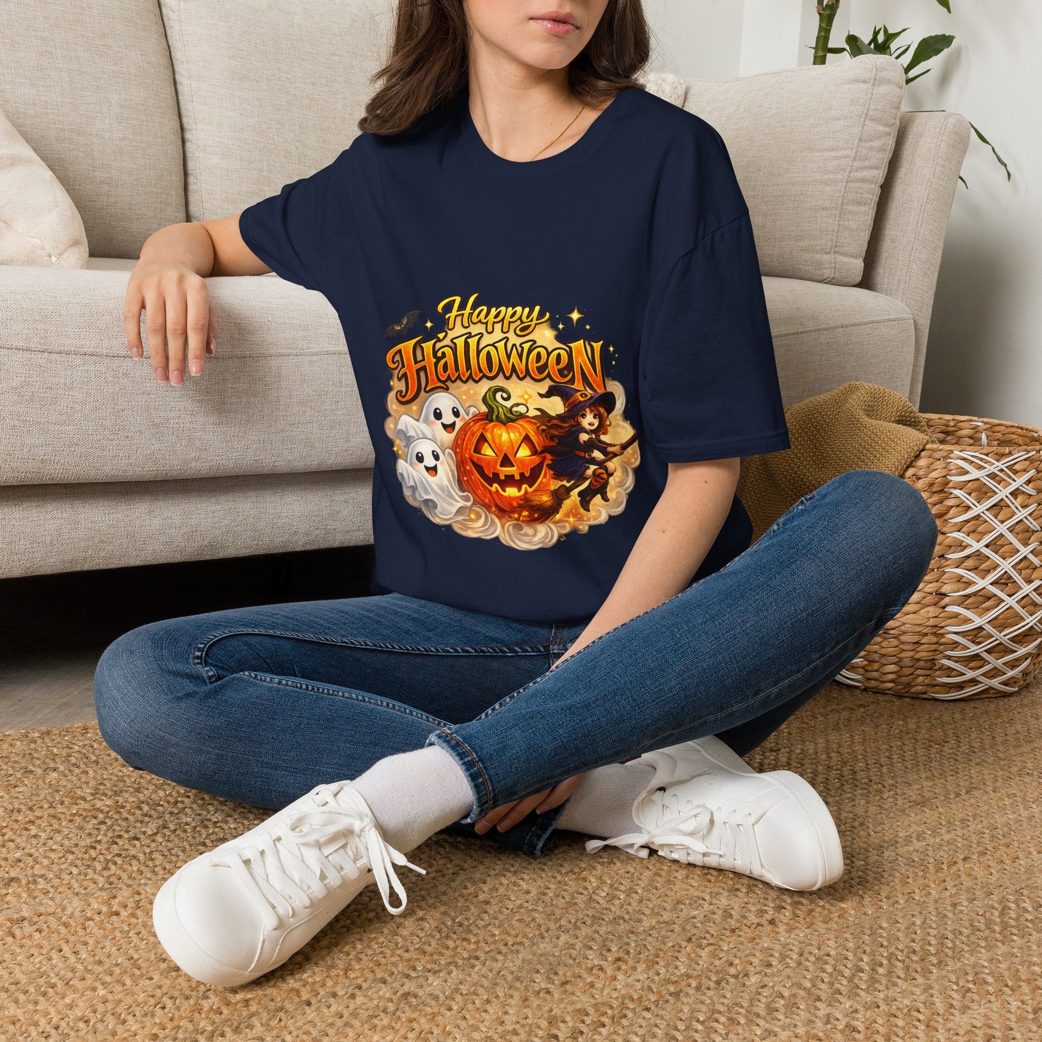 Halloween Witch and Ghost designs T-Shirt — "Happy Halloween" Pumpkin & Ghost Graphic