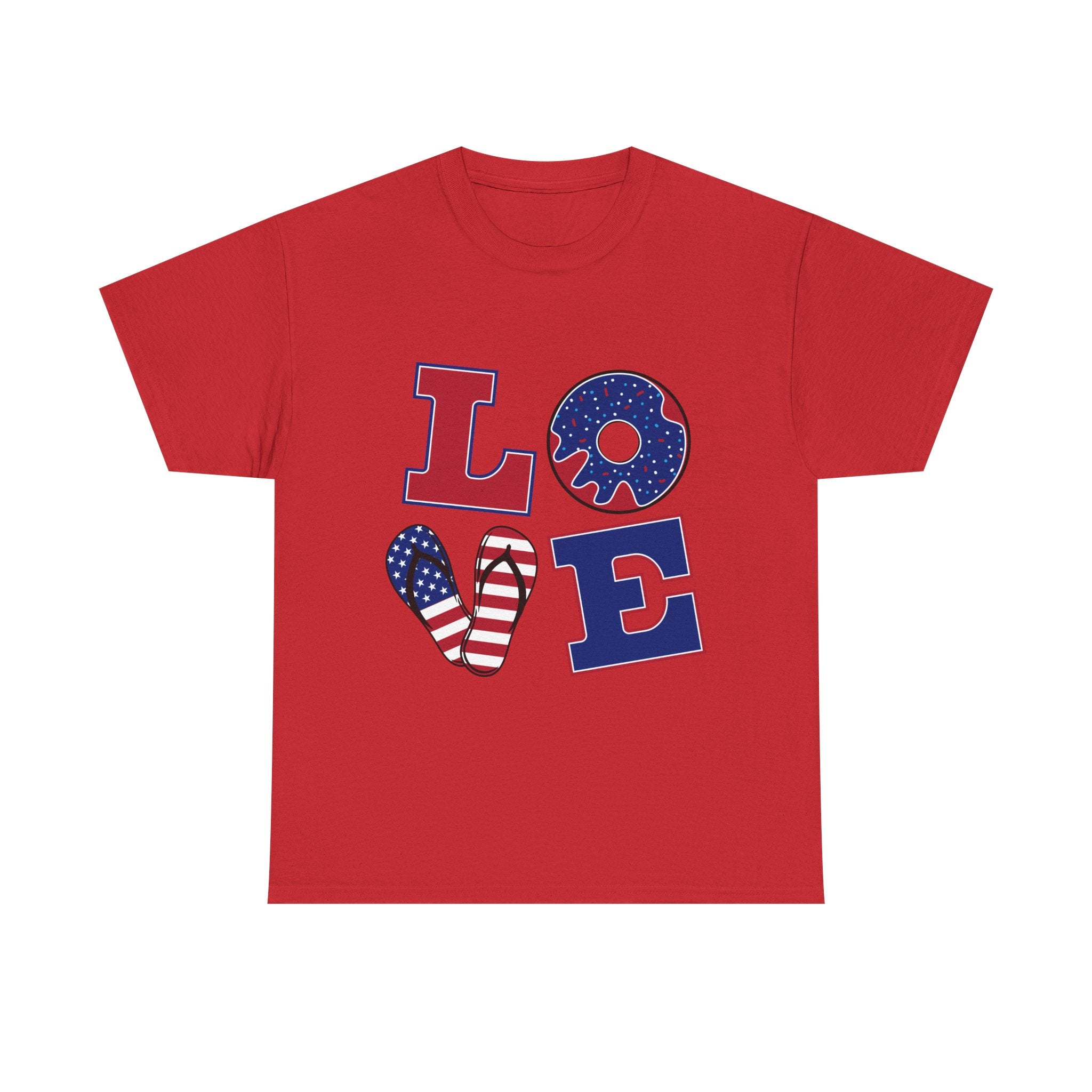 Patriotic LOVE T-Shirt — American Flag Donut & Flip-Flop Fourth of July Tee