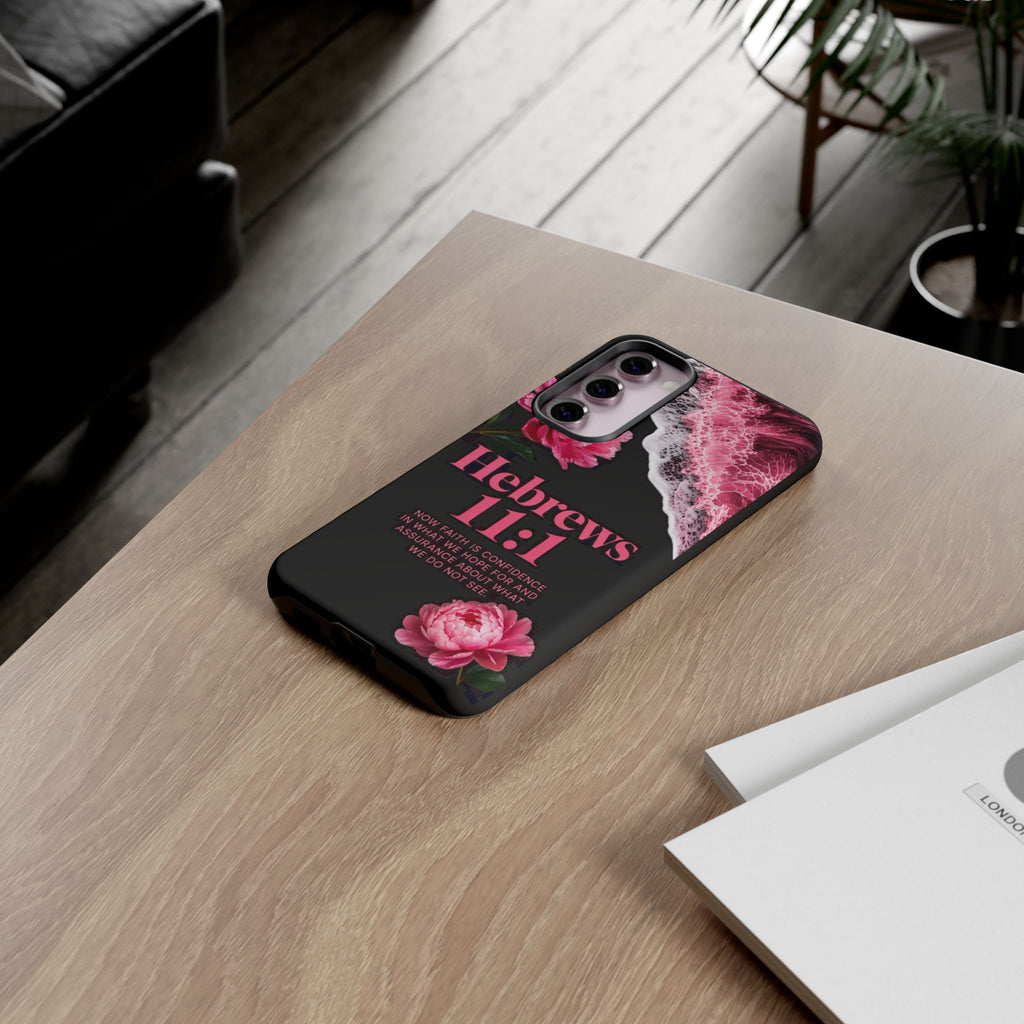 Bible Verses phone case -  Hebrews 11:1 Faith Phone Case — Pink Floral Scripture iPhone Cover