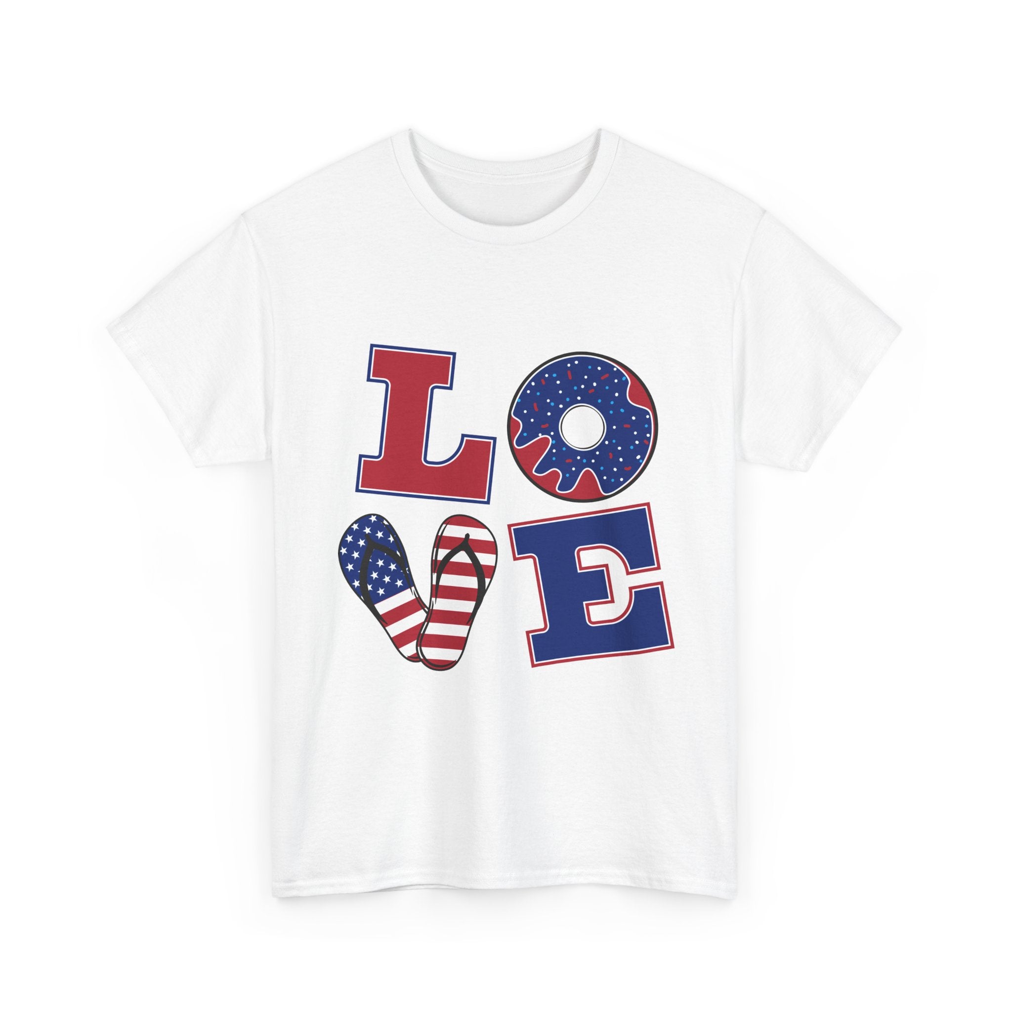 Patriotic LOVE T-Shirt — American Flag Donut & Flip-Flop Fourth of July Tee
