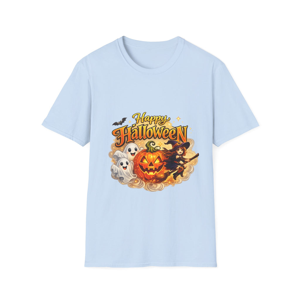 Halloween Witch and Ghost designs T-Shirt — "Happy Halloween" Pumpkin & Ghost Graphic