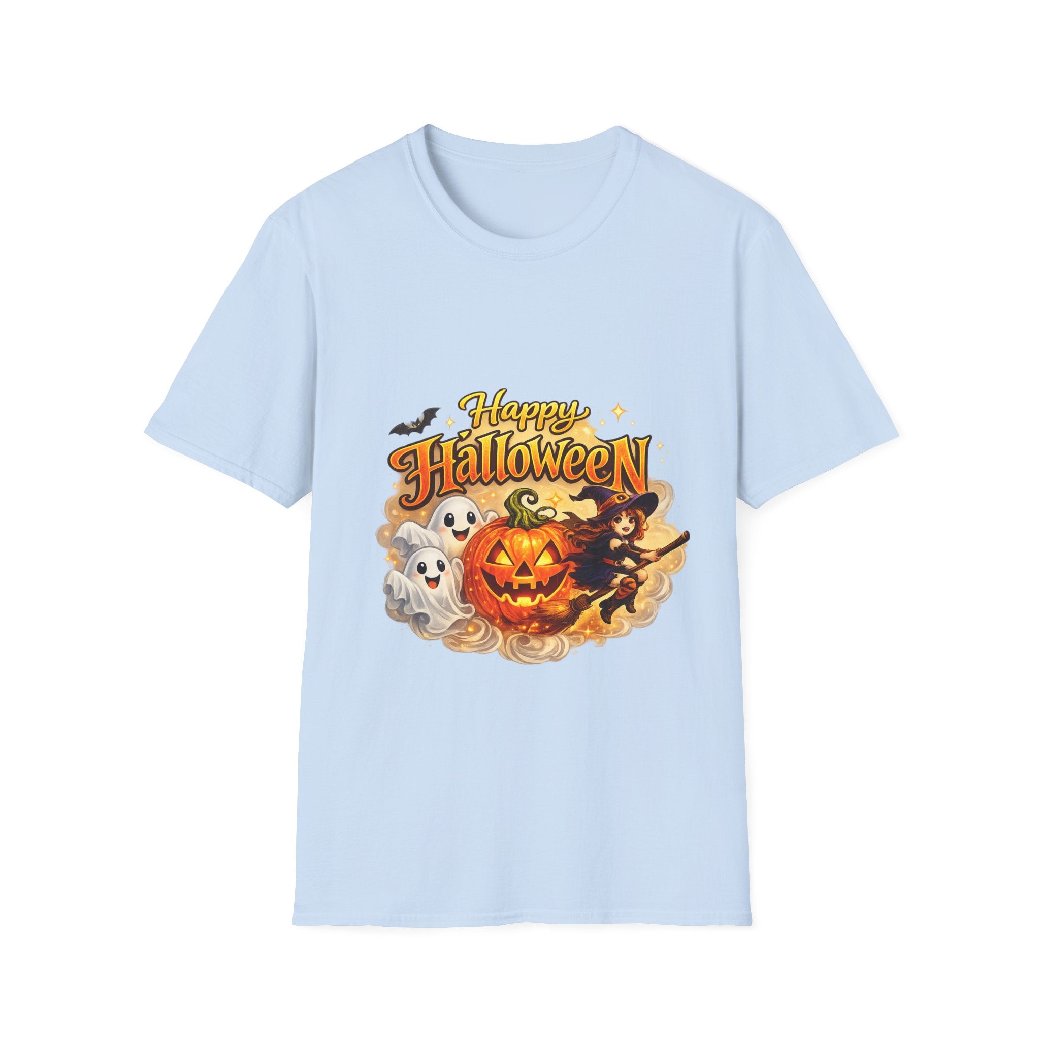 Halloween Witch and Ghost designs T-Shirt — "Happy Halloween" Pumpkin & Ghost Graphic