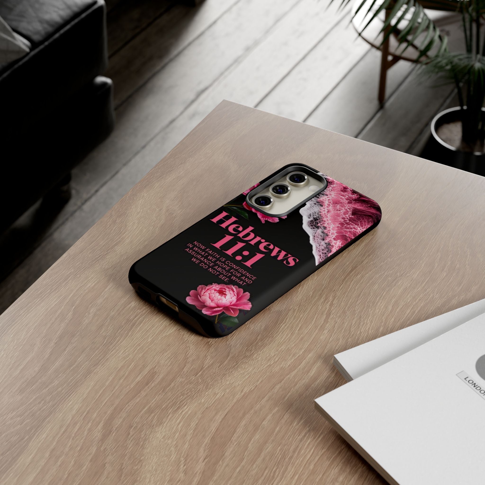 Bible Verses phone case -  Hebrews 11:1 Faith Phone Case — Pink Floral Scripture iPhone Cover
