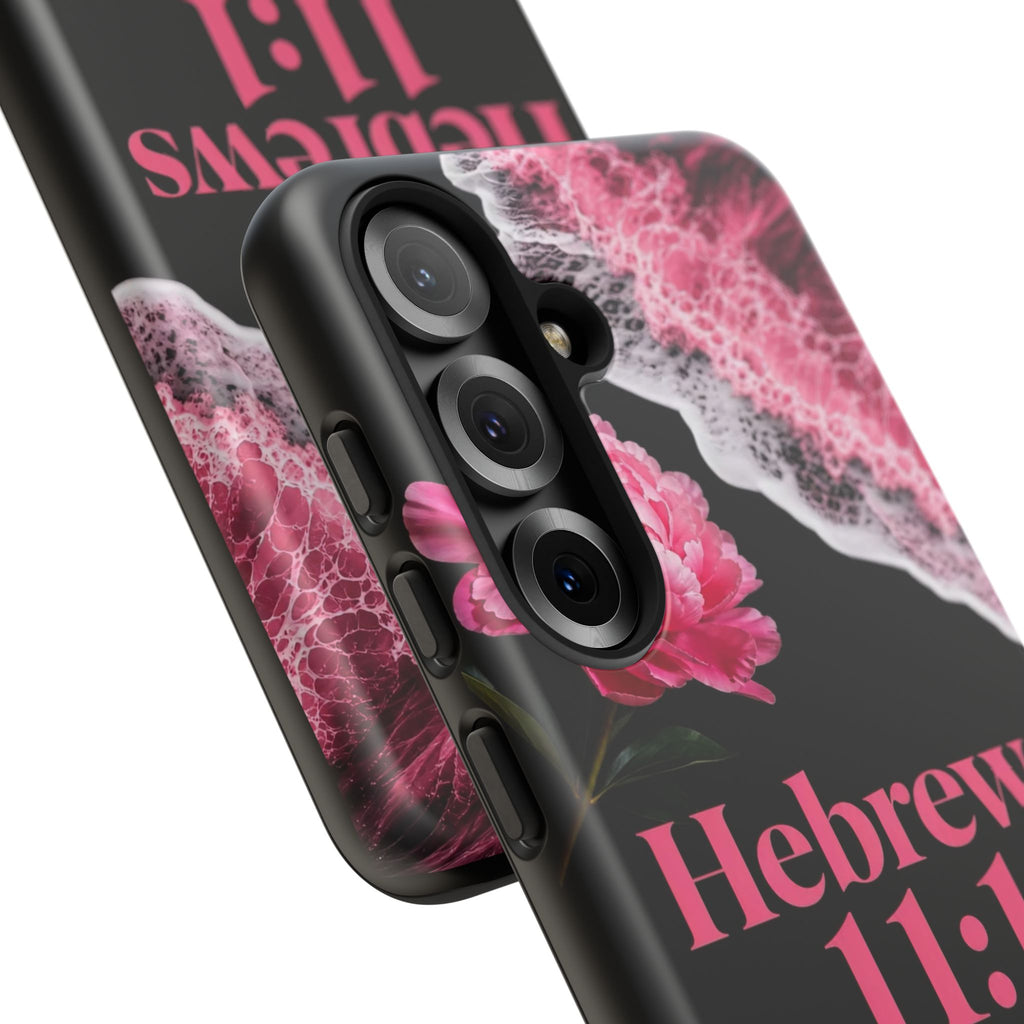 Bible Verses phone case -  Hebrews 11:1 Faith Phone Case — Pink Floral Scripture iPhone Cover