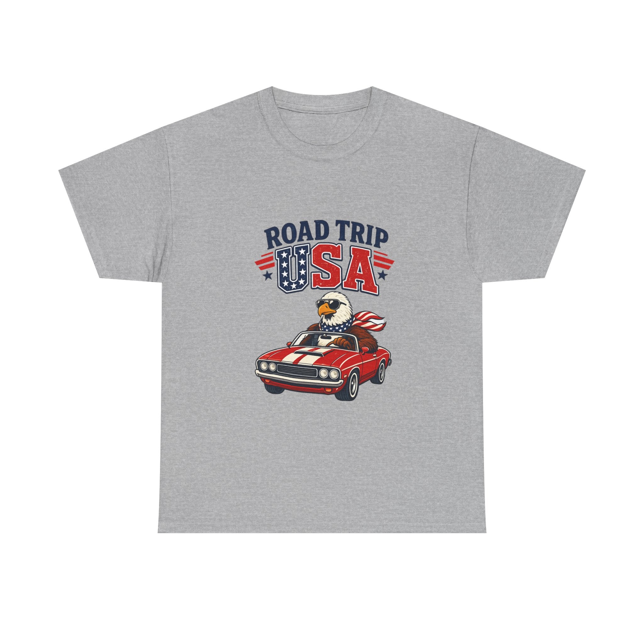 Road Trip USA T-Shirt — Patriotic Eagle Driving Classic Car Graphic Tee