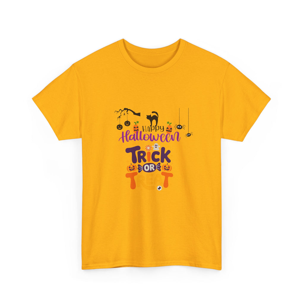 Halloween "Trick or Treat" T-Shirt — Cute Pumpkin, Cat & Spider Graphic Tee