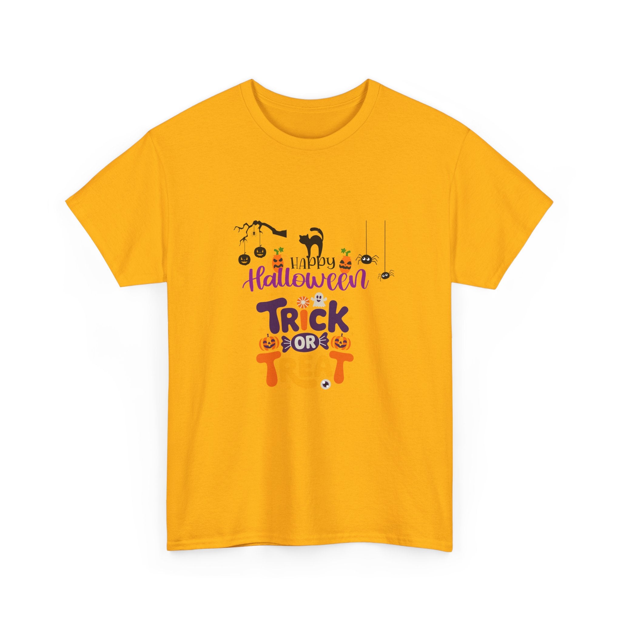 Halloween "Trick or Treat" T-Shirt — Cute Pumpkin, Cat & Spider Graphic Tee