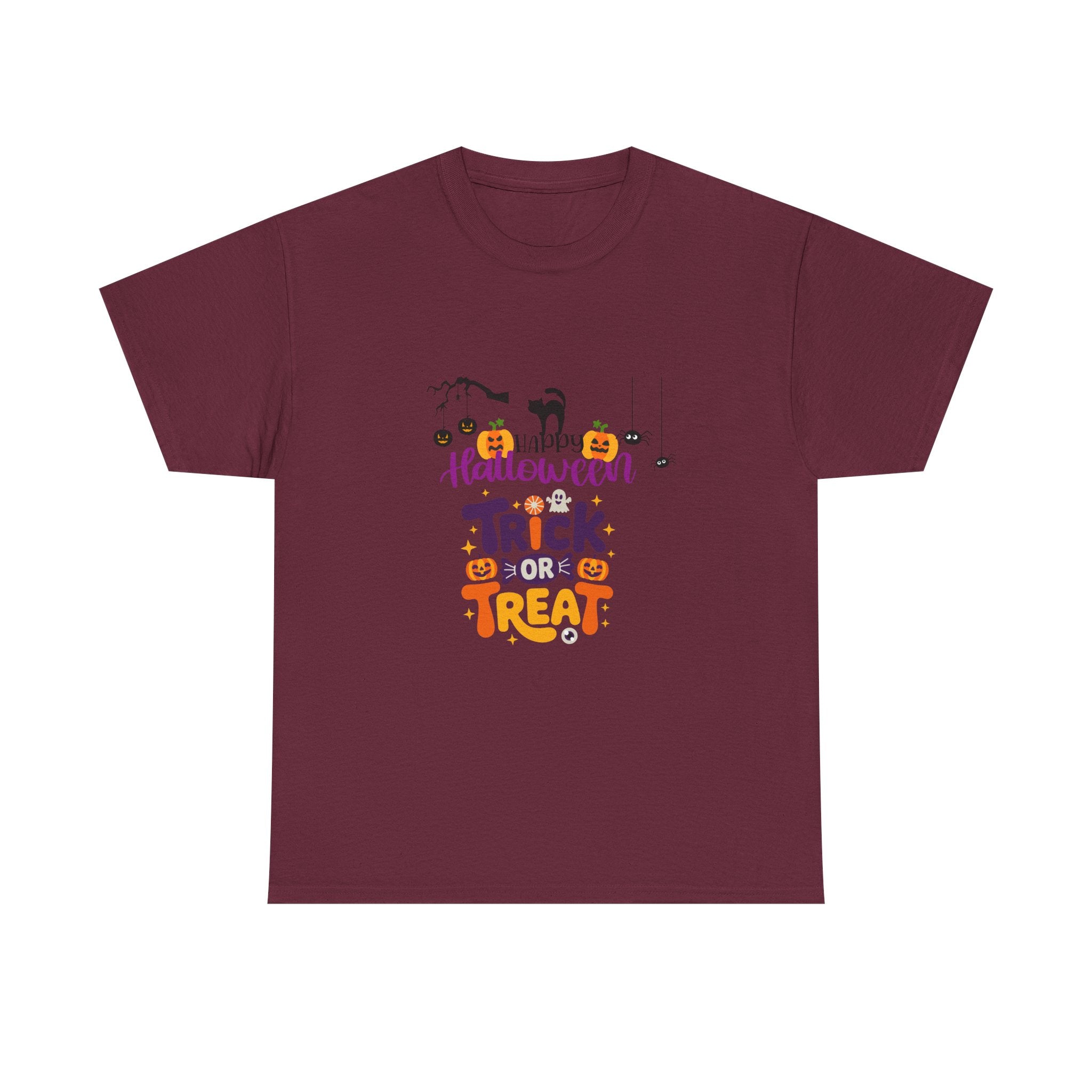 Halloween "Trick or Treat" T-Shirt — Cute Pumpkin, Cat & Spider Graphic Tee