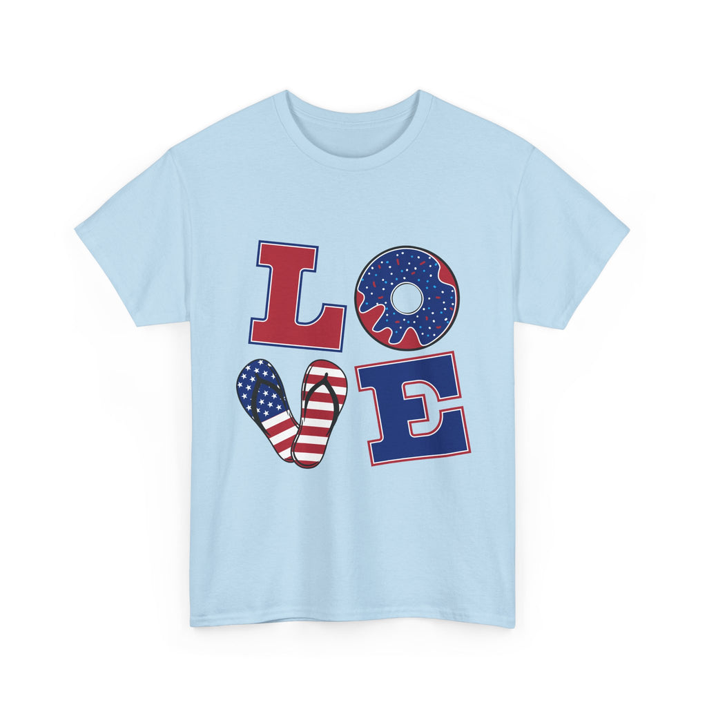 Patriotic LOVE T-Shirt — American Flag Donut & Flip-Flop Fourth of July Tee