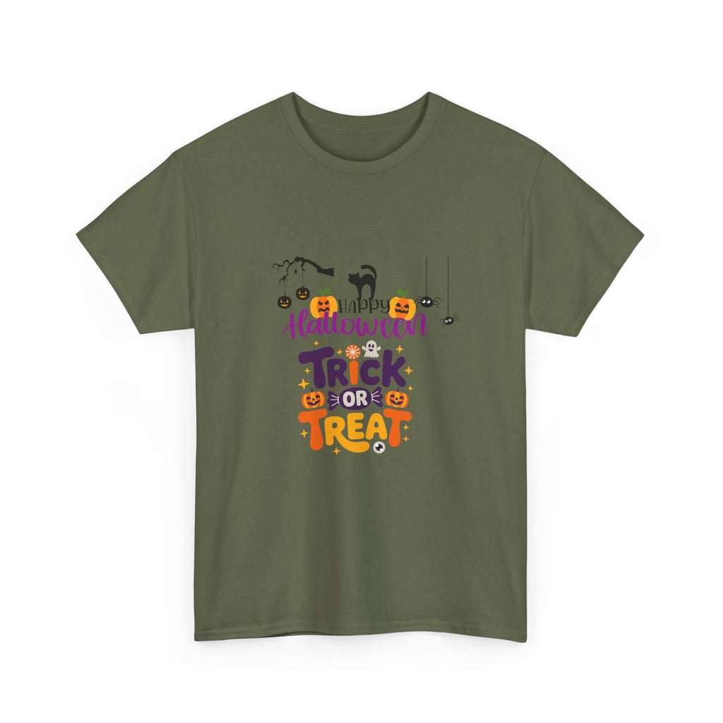 Halloween "Trick or Treat" T-Shirt — Cute Pumpkin, Cat & Spider Graphic Tee