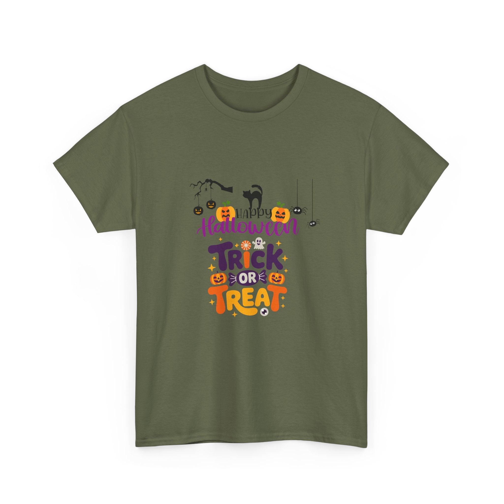 Halloween "Trick or Treat" T-Shirt — Cute Pumpkin, Cat & Spider Graphic Tee