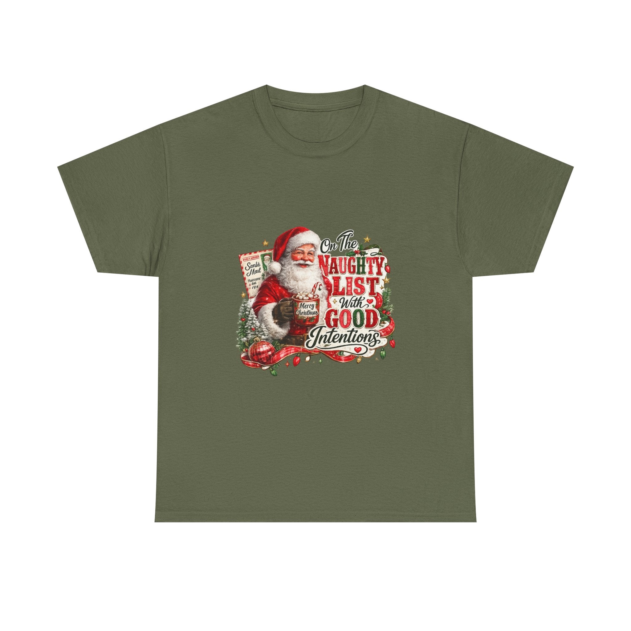 Christmas T-Shirt — 'On the Naughty List, I Have Good Intentions' Santa Tee