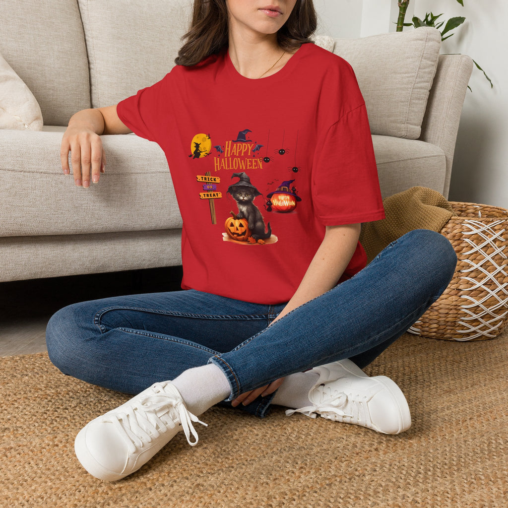 Happy Halloween Witch T-Shirt — Cute Pumpkin, Bats & Spooky Icons Tee