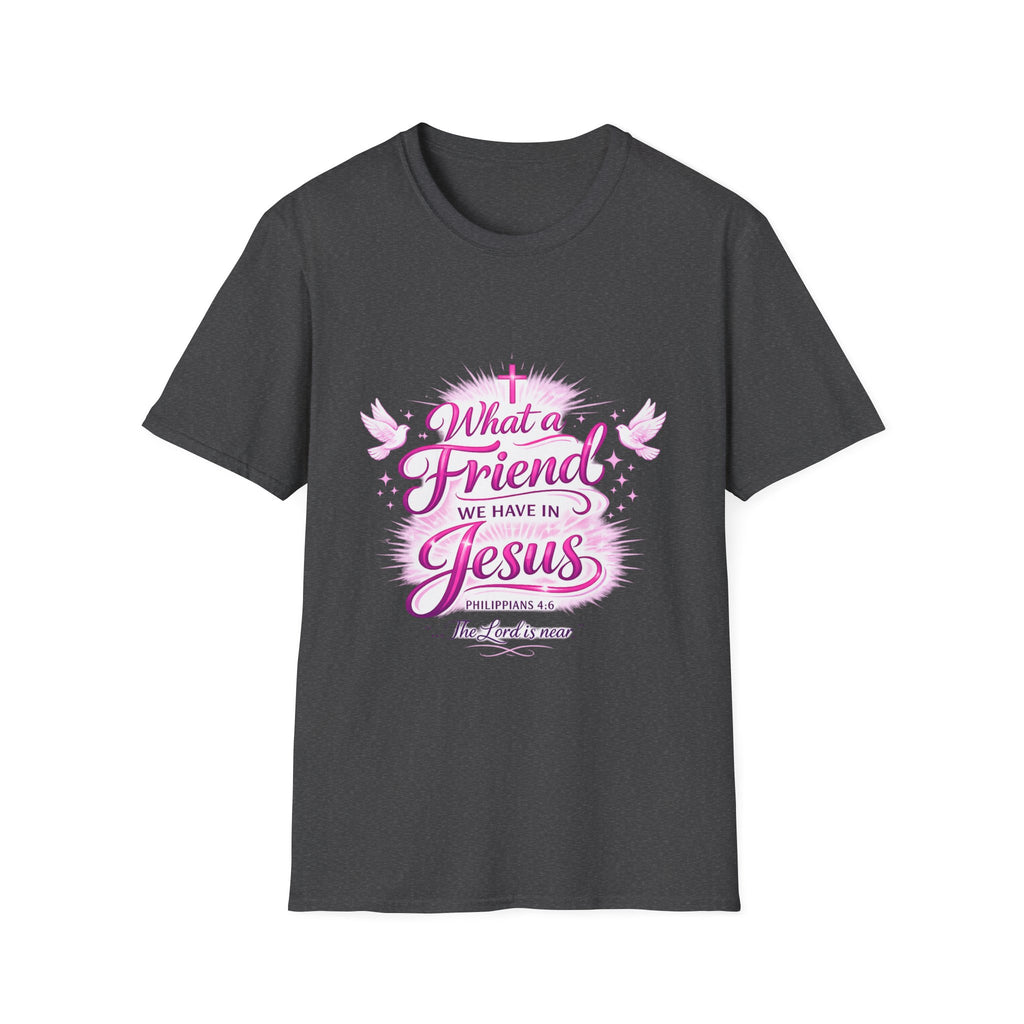 Christian T-Shirt — “What a Friend We Have in Jesus” Pink Faith Tee