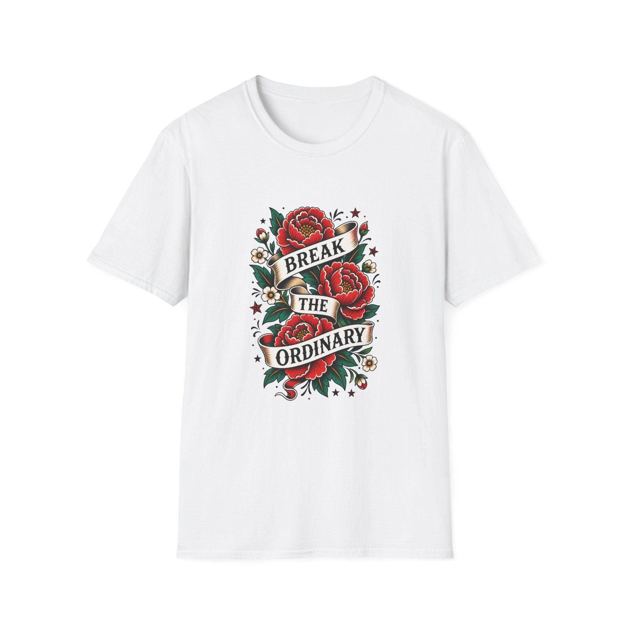 Break the Ordinary T-Shirt — Vintage Rose Banner Graphic
