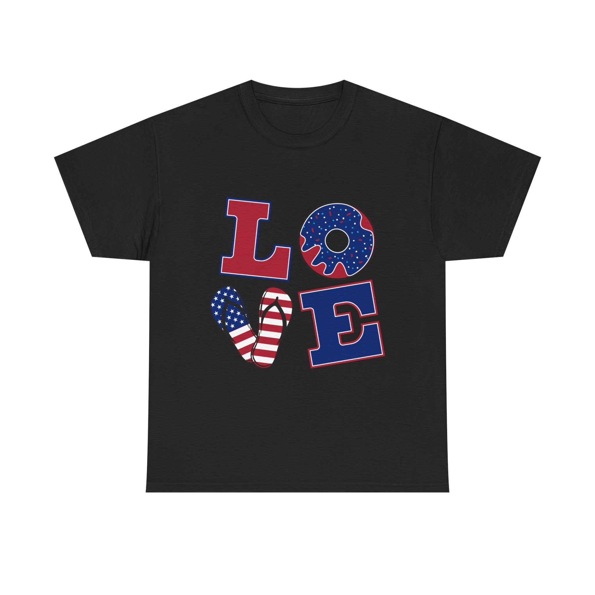 Patriotic LOVE T-Shirt — American Flag Donut & Flip-Flop Fourth of July Tee