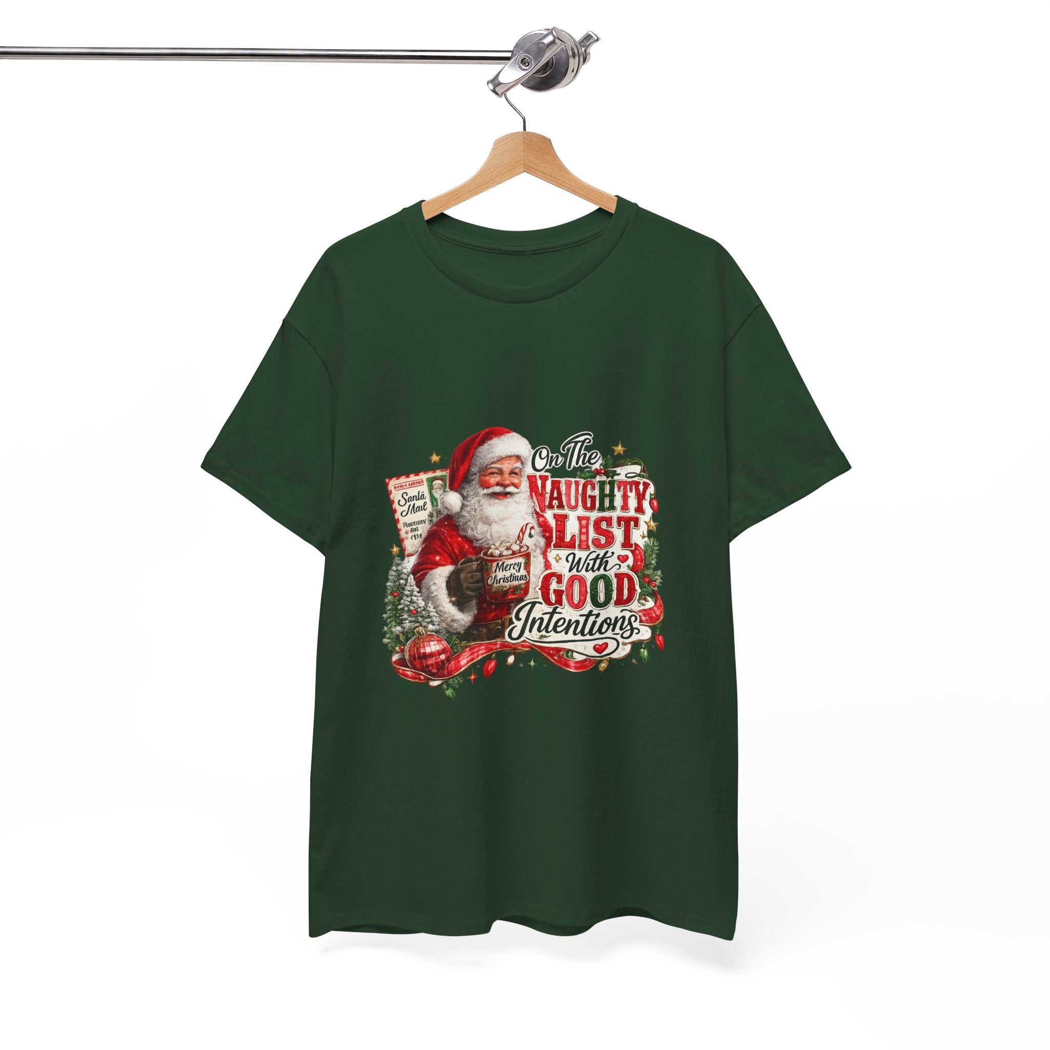 Christmas T-Shirt — 'On the Naughty List, I Have Good Intentions' Santa Tee