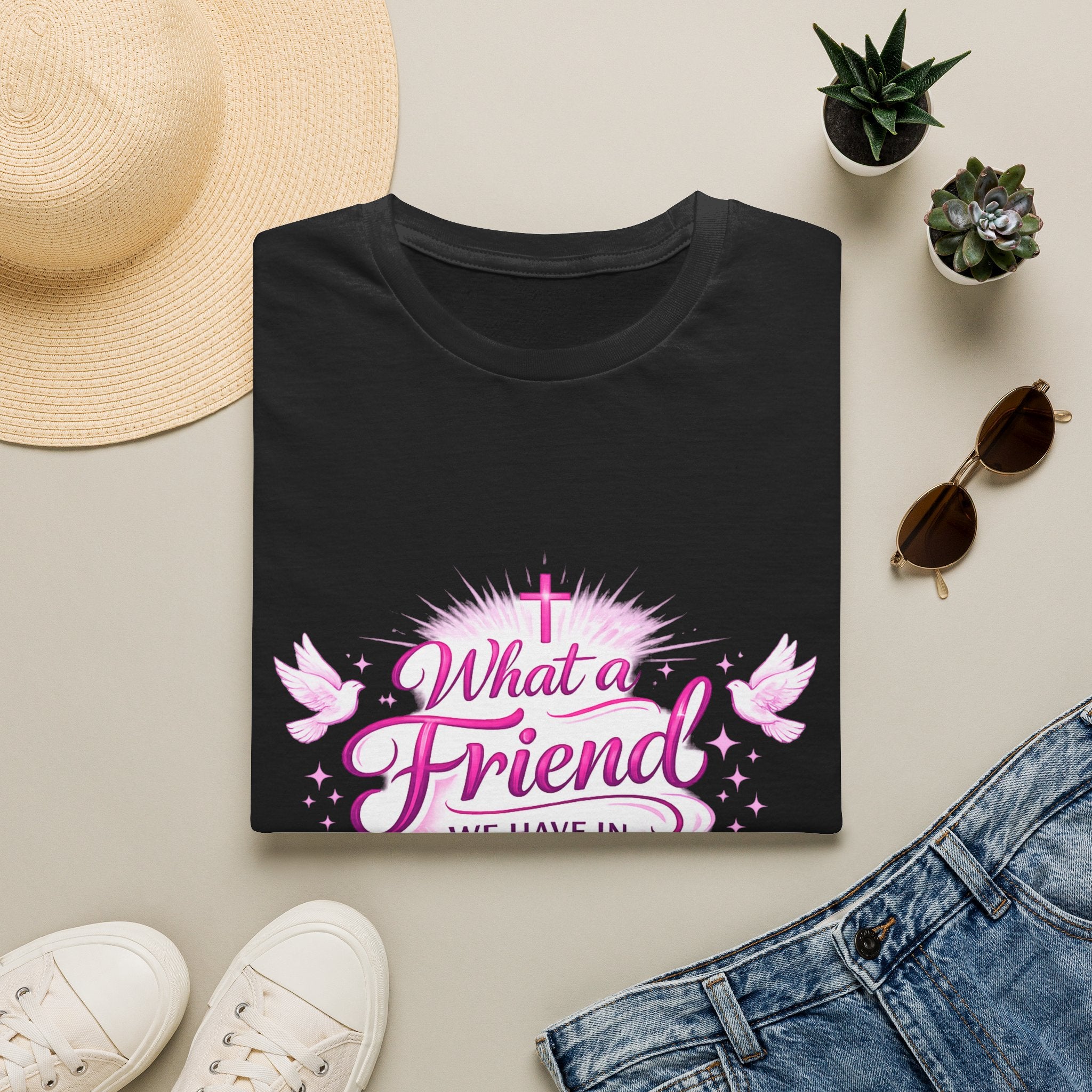 Christian T-Shirt — “What a Friend We Have in Jesus” Pink Faith Tee