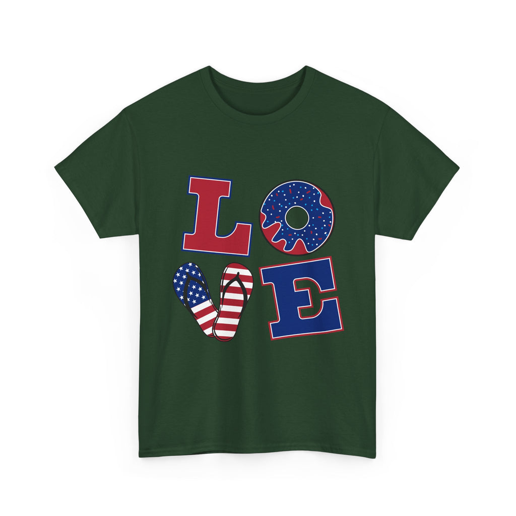 Patriotic LOVE T-Shirt — American Flag Donut & Flip-Flop Fourth of July Tee