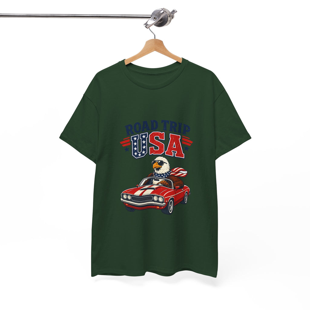 Road Trip USA T-Shirt — Patriotic Eagle Driving Classic Car Graphic Tee