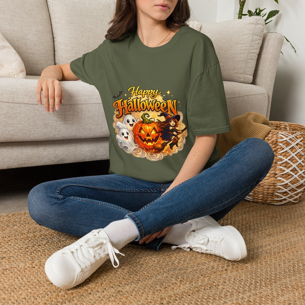 Halloween Witch and Ghost designs T-Shirt — "Happy Halloween" Pumpkin & Ghost Graphic