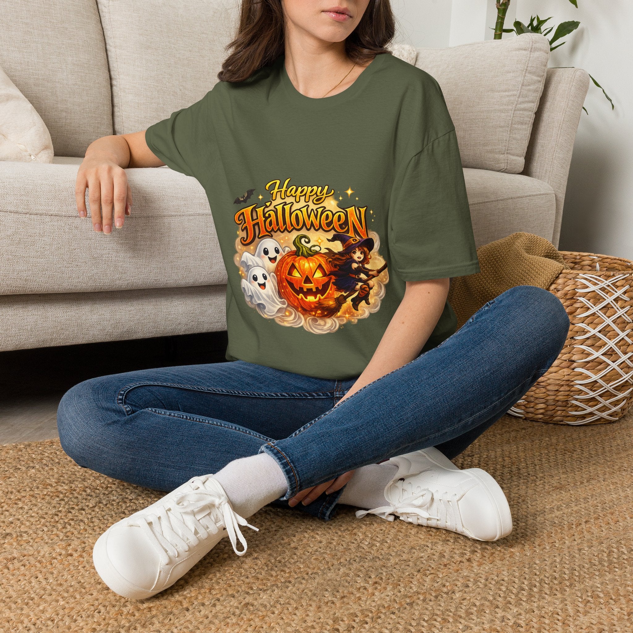 Halloween Witch and Ghost designs T-Shirt — "Happy Halloween" Pumpkin & Ghost Graphic