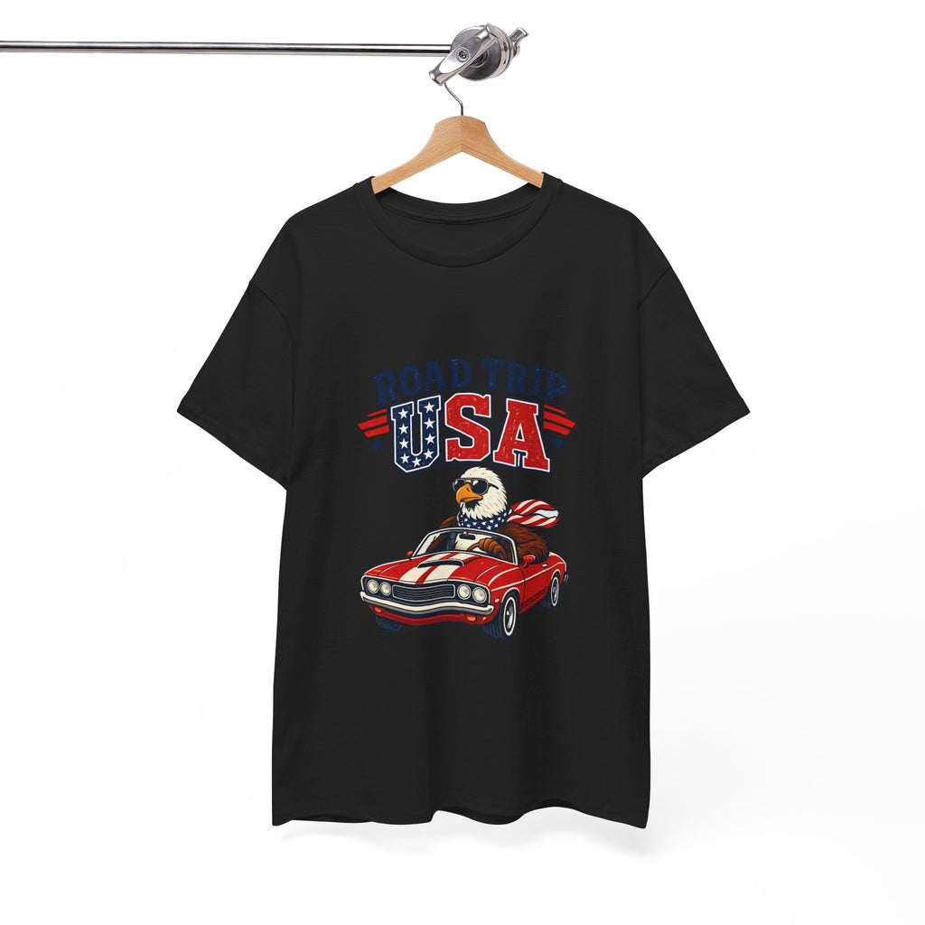 Road Trip USA T-Shirt — Patriotic Eagle Driving Classic Car Graphic Tee