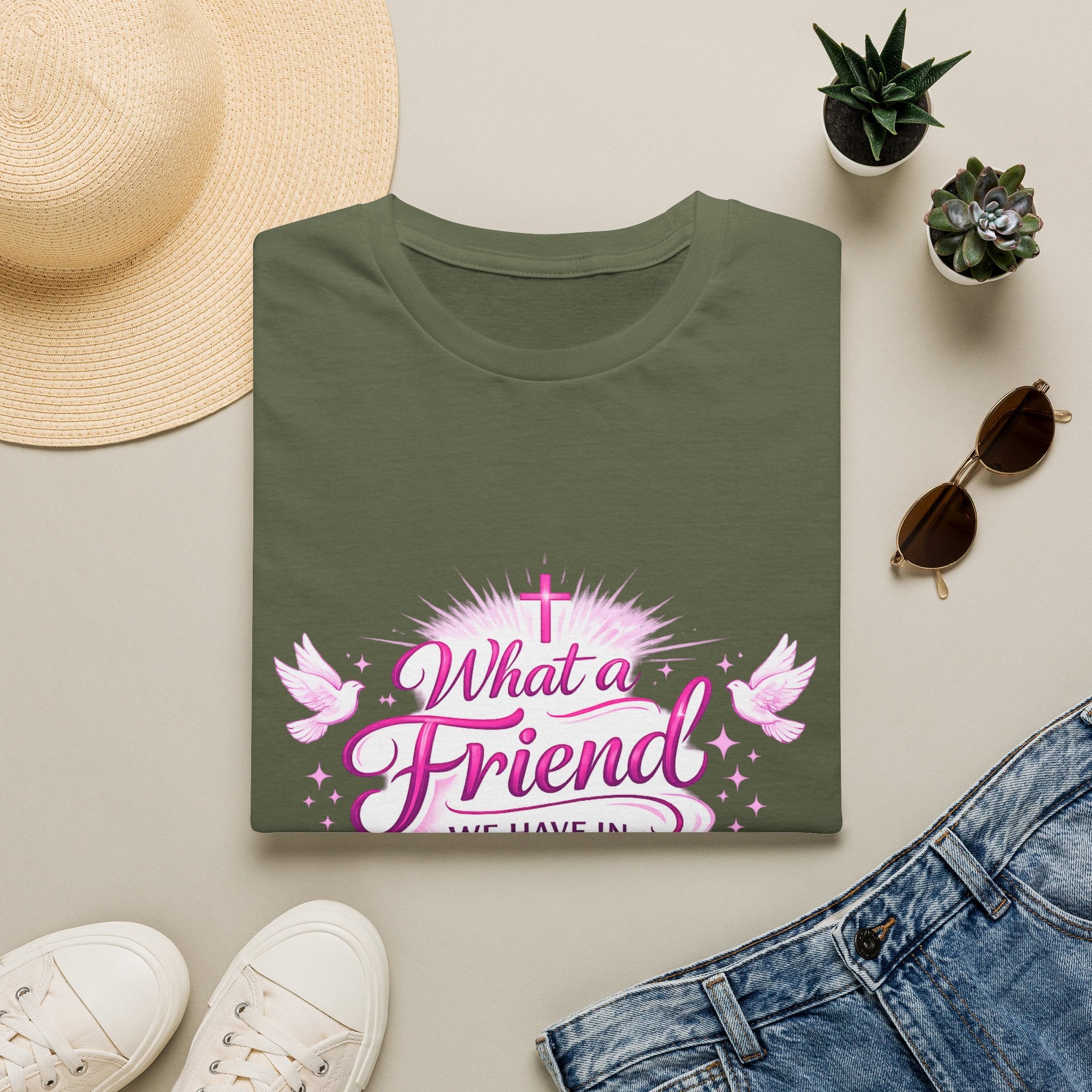 Christian T-Shirt — “What a Friend We Have in Jesus” Pink Faith Tee