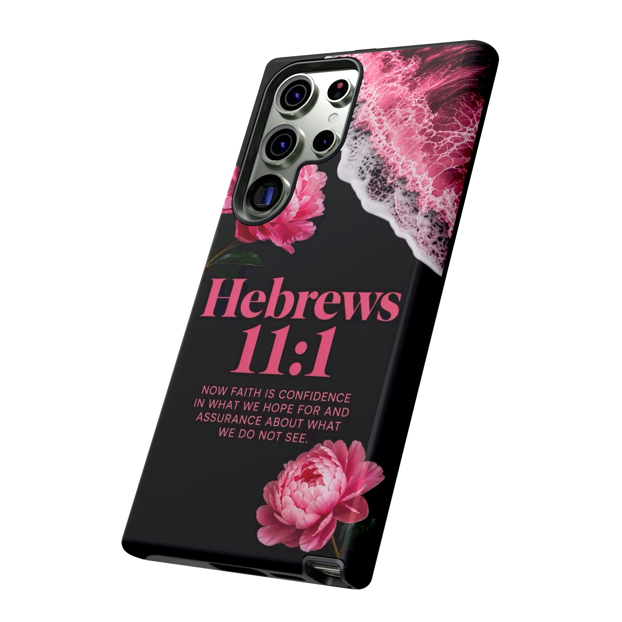 Bible Verses phone case -  Hebrews 11:1 Faith Phone Case — Pink Floral Scripture iPhone Cover