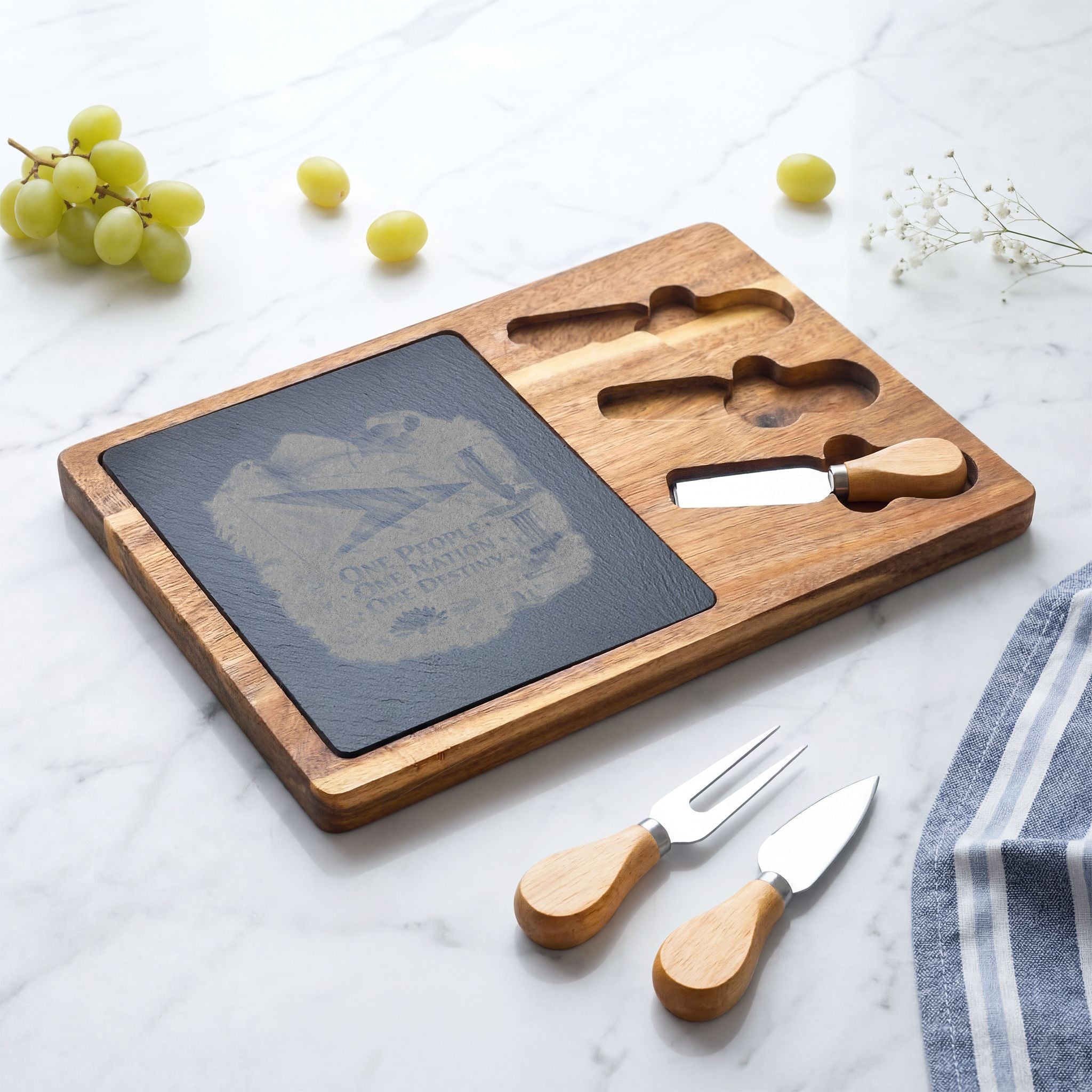 Engraved Acacia Charcuterie Board with Slate Insert & Cheese Tools
