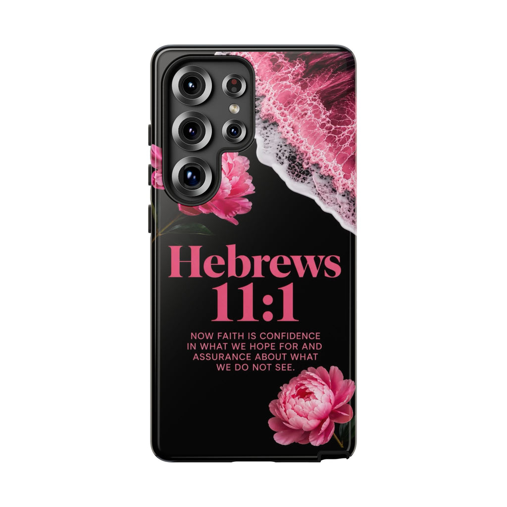 Bible Verses phone case -  Hebrews 11:1 Faith Phone Case — Pink Floral Scripture iPhone Cover