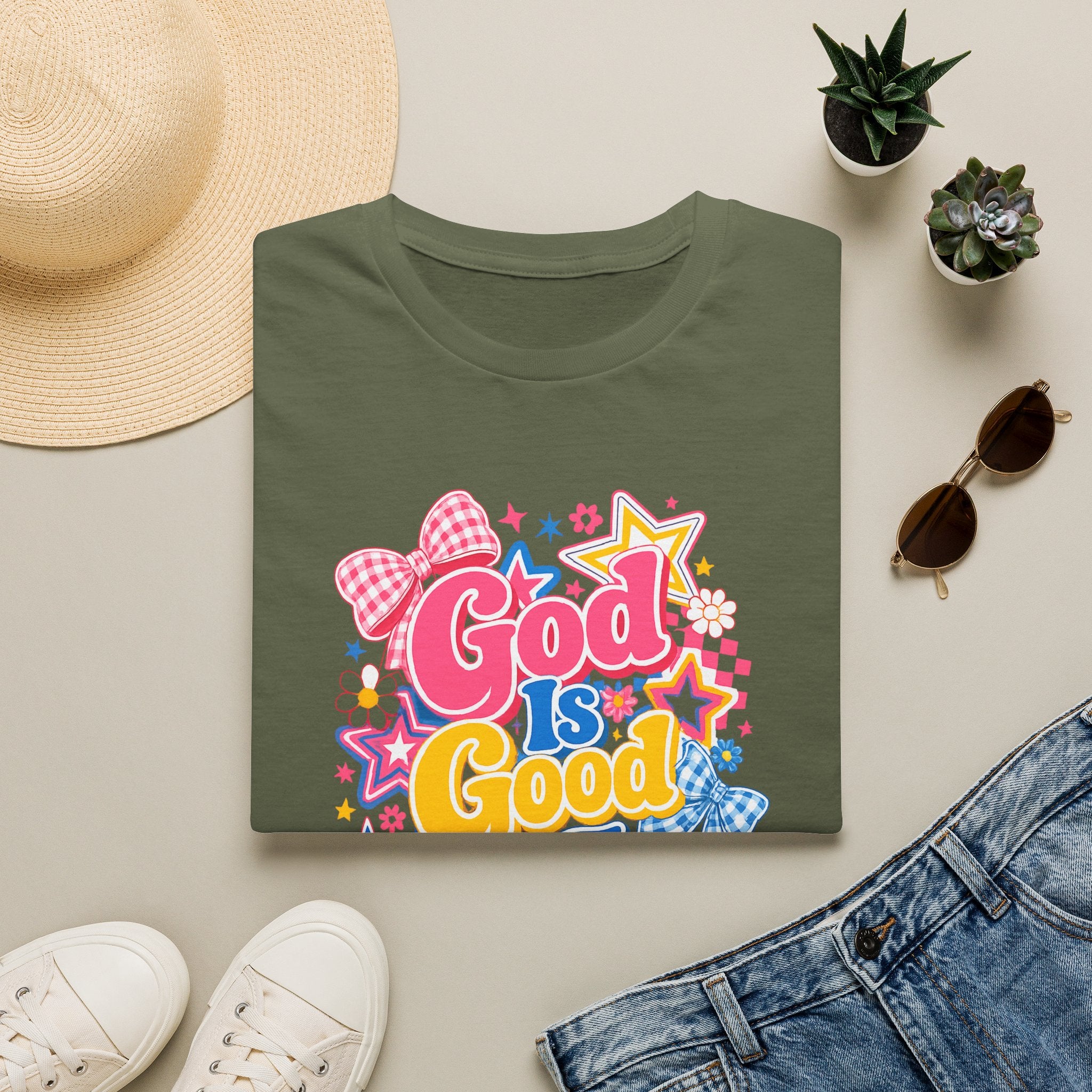 Inspirational vibes God Is Good T‑Shirt — Colorful Retro Faith Graphic Tee
