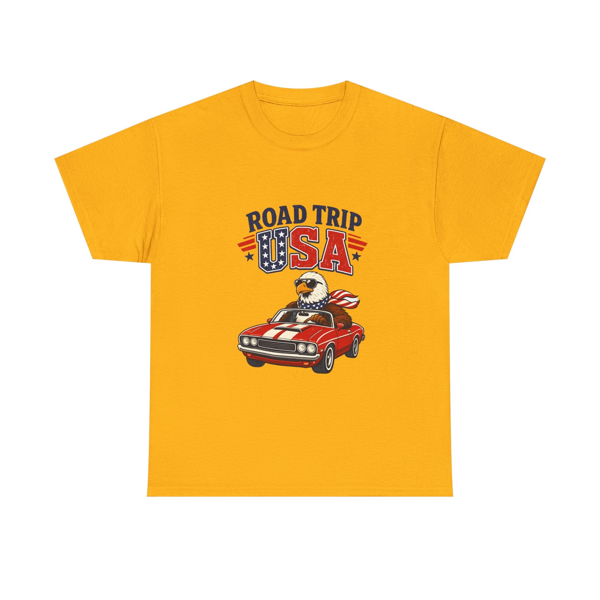 Road Trip USA T-Shirt — Patriotic Eagle Driving Classic Car Graphic Tee