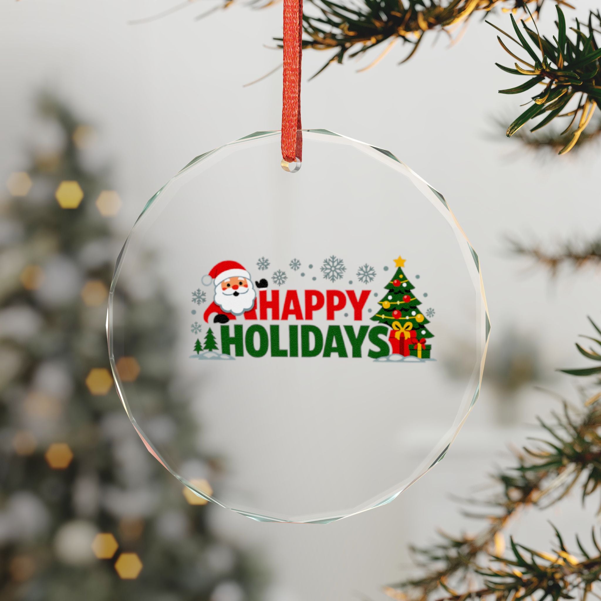 Glass Ornament — 'Happy Holidays' Santa & Tree Christmas Decoration