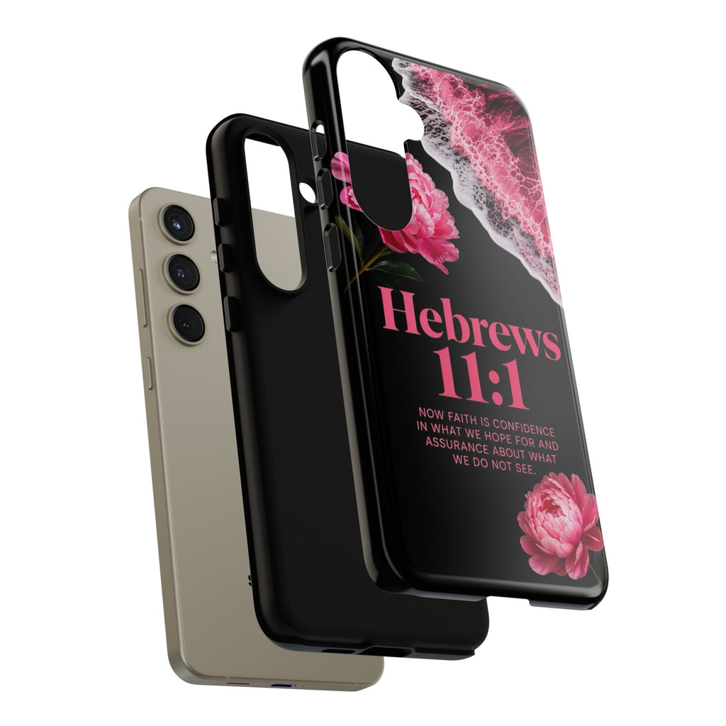 Bible Verses phone case -  Hebrews 11:1 Faith Phone Case — Pink Floral Scripture iPhone Cover