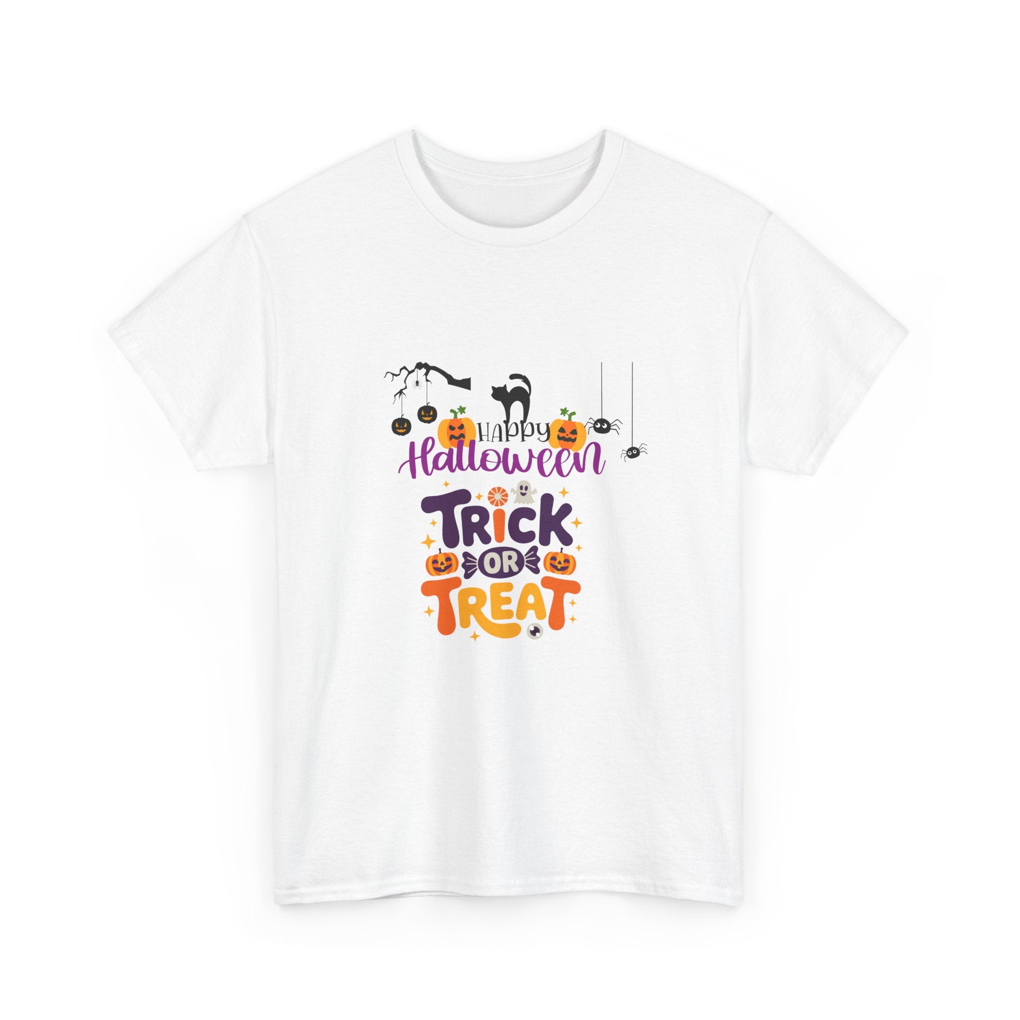 Halloween "Trick or Treat" T-Shirt — Cute Pumpkin, Cat & Spider Graphic Tee