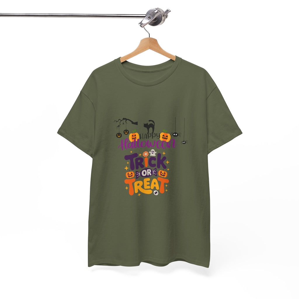 Halloween "Trick or Treat" T-Shirt — Cute Pumpkin, Cat & Spider Graphic Tee